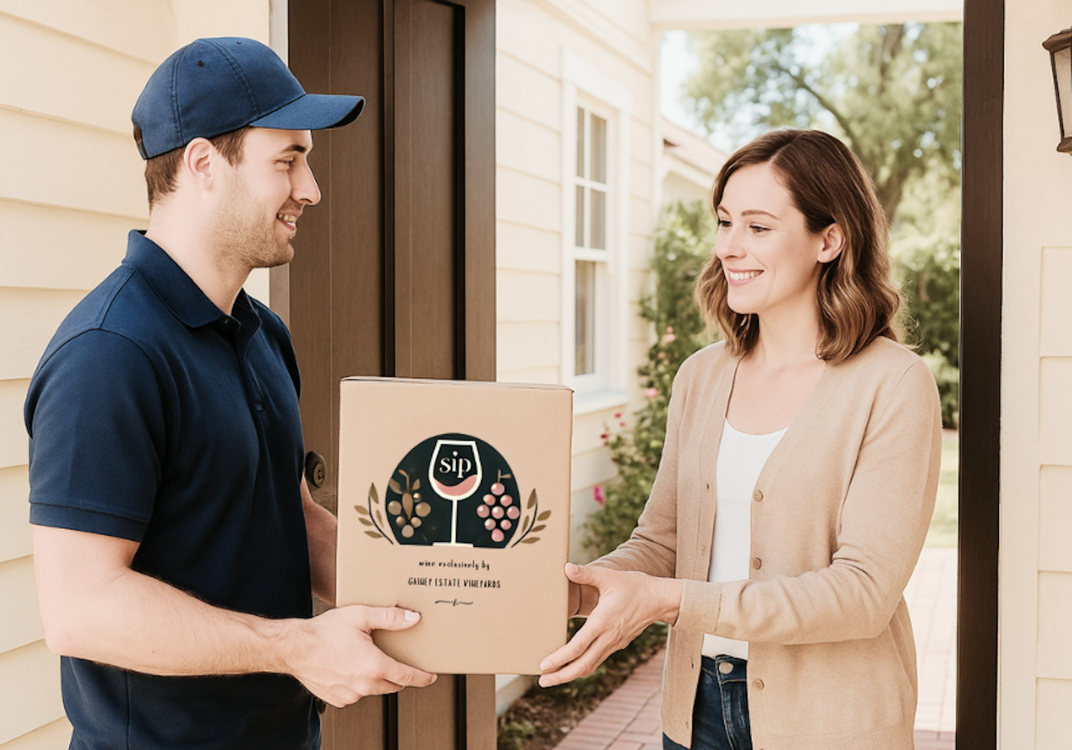 man handing a woman a box at her front door