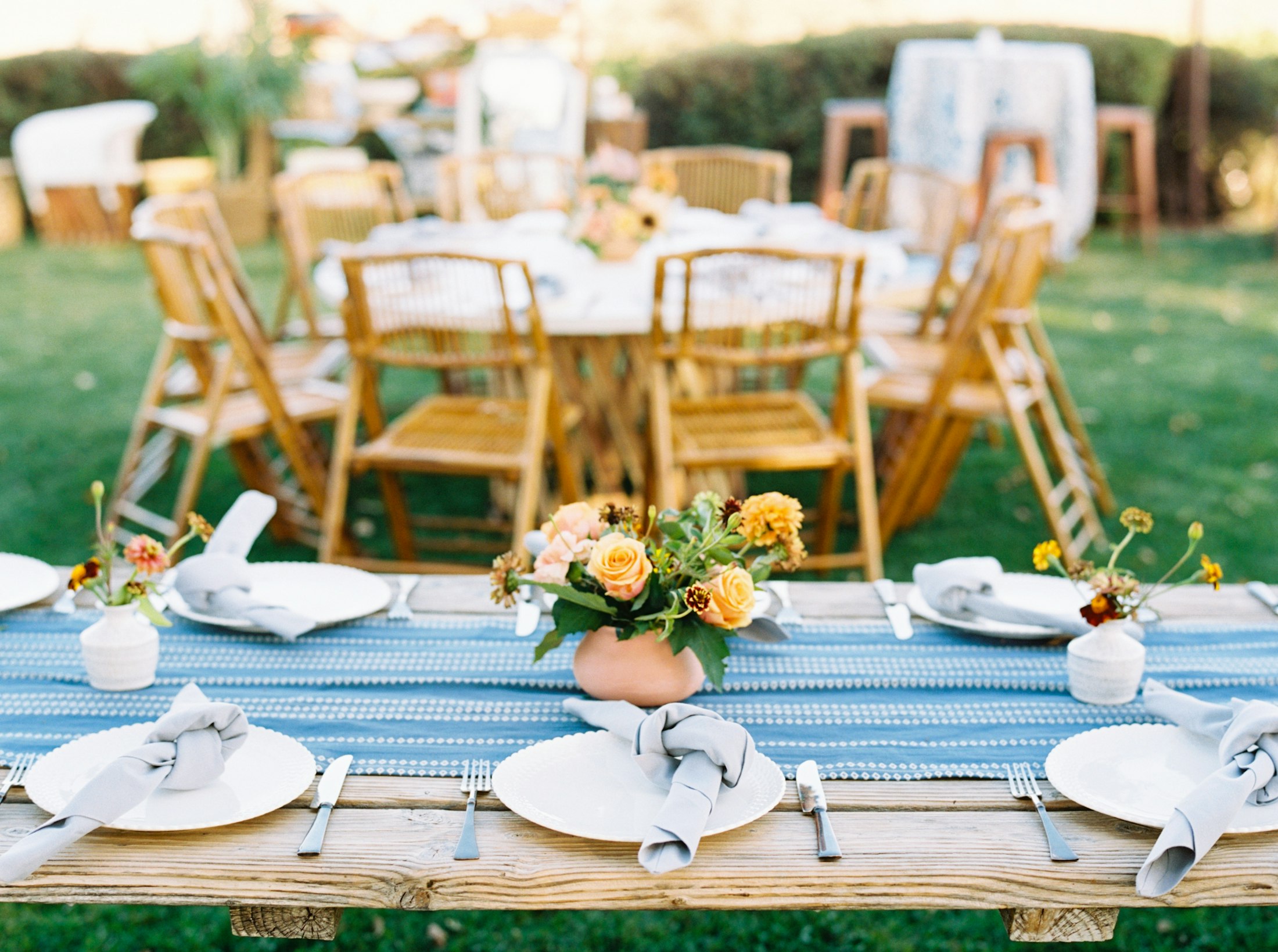 Table setting with blue striped table cloth on the Vineyard view lawn
