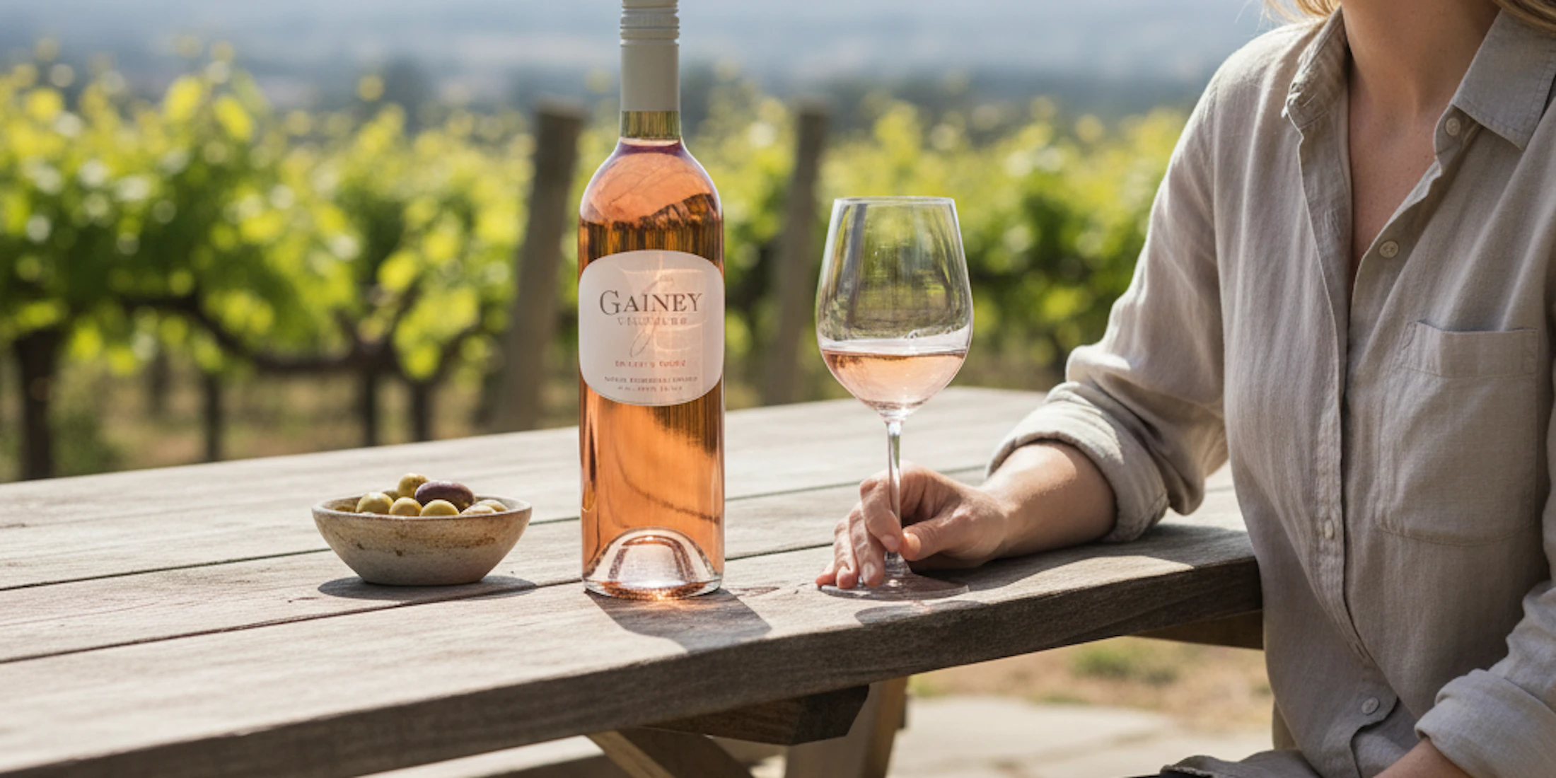 woman sitting at table with a glass of rose wine.