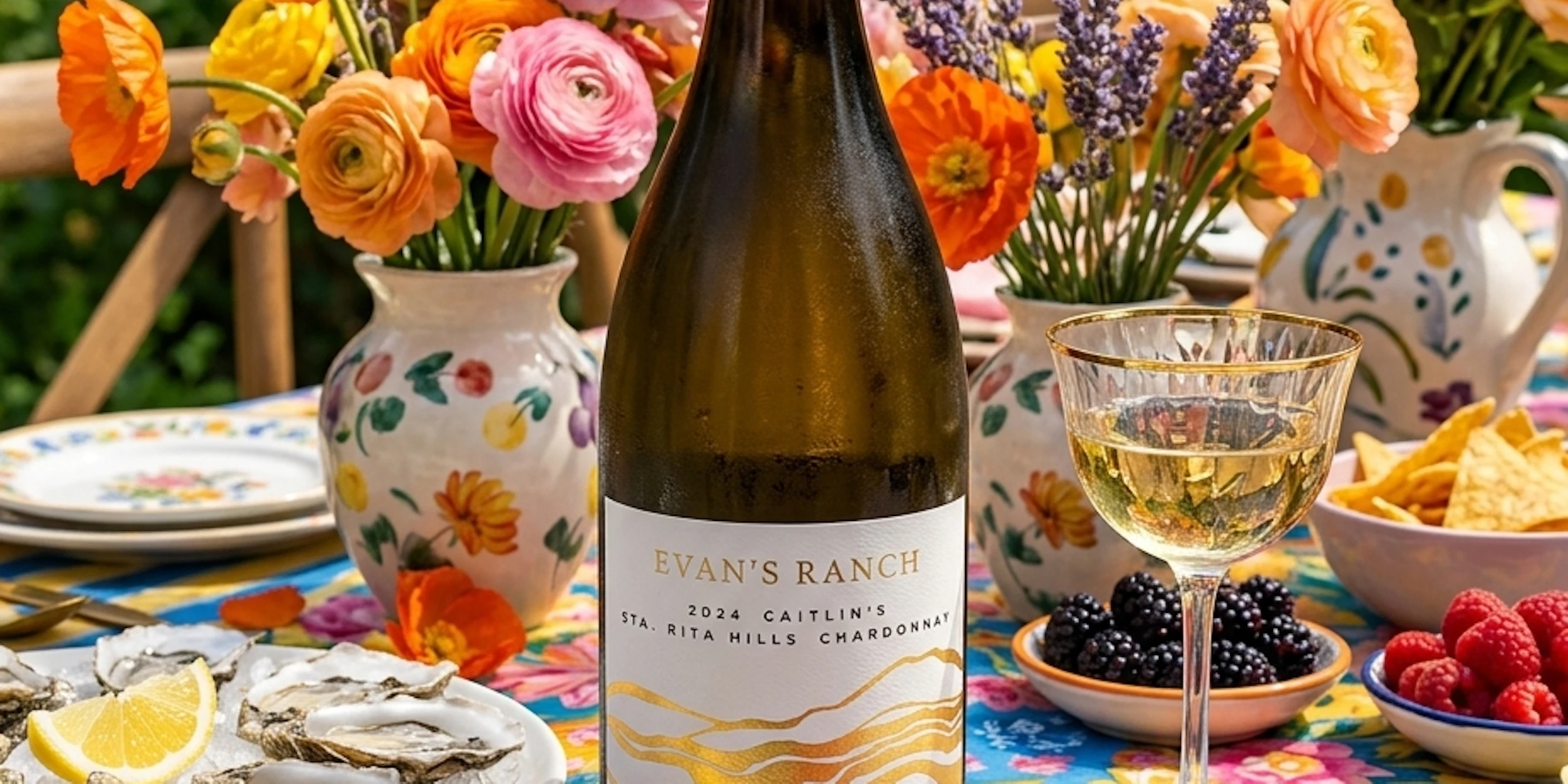 a bottle of chardonnay on a table with bright colored flowers